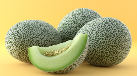 Ripe Green Honeydew Melons, One Cut Open Displaying Seeds, Isolated on Yellow Background.の素材
