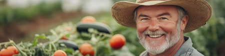 Happy Farmer In Tomato Garden. Senior Man Smiling At Camera In Summer Vegetable Garden.の素材