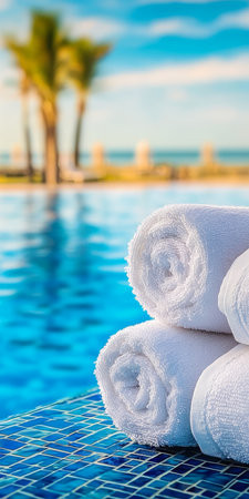 Luxury White Towels by a Sparkling Blue Swimming Pool, Perfect for Resort or Vacation Concepts.の素材