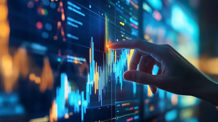 Financial Data Analysis, Tracking Market Trends with Technology, Charts, and Digital Interfaceの素材