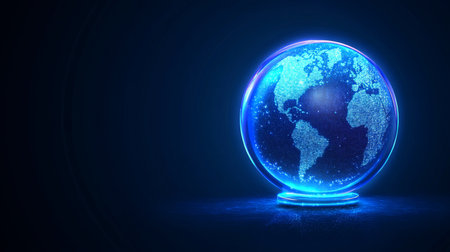 Holographic Planet Earth Rotating on Blue Background. Representing Global Connection and Network.の素材