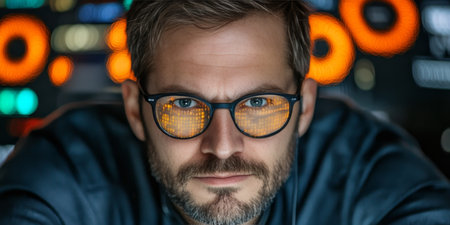 Close-up Portrait, Serious Male Programmer Focused on Work, Binary Code Reflection In Glassesの素材