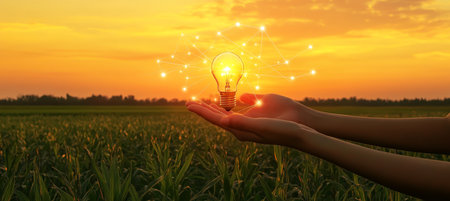 Hands Cradle Glowing Light Bulb Symbolizing Idea and Innovation Against Golden Sunset Over a Fieldの素材