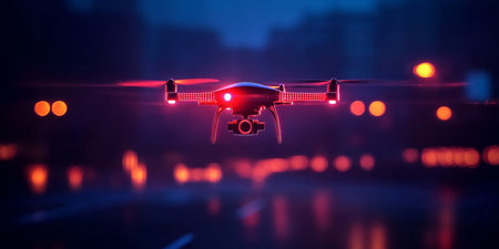 Illuminated Drone In Flight At Dusk, Technology, Innovation, Futuristic City, Urban Landscapeの素材