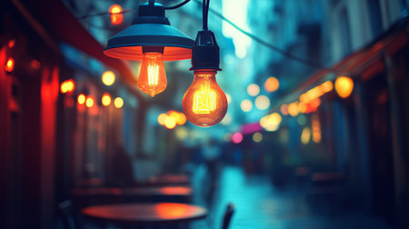 Evening City Street With Glowing Vintage Edison Light Bulbs, Parisian Cafe Terrace, Romantic Bokehの素材