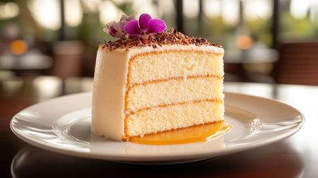 Slice of Coconut Cake with Toasted Coconut, Orchid Garnish, and Passion Fruit Sauce on White Plateの素材