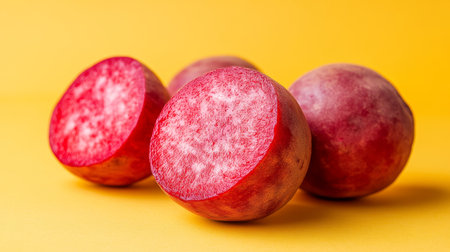 Trio of Vibrant Beets, One Halved Showcasing Rich Red Interior, on Vivid Yellow Backgroundの素材