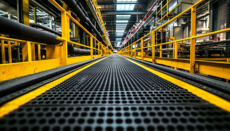 Industrial Pathway Conveyor Belt, Safety Railings, and Grid Pattern in a Modern Factory Setting.の素材