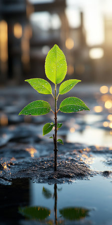 Single Sapling with Green Leaves Grows From Dark Mud Puddles with Building Reflectionの素材