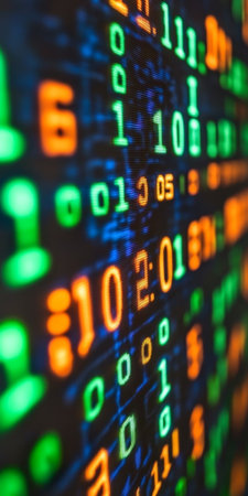 Green, Orange And White Binary Code On A Black Monitor Screen Abstract Technological Backgroundの素材