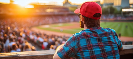 Golden hour view, fan enjoys the sunshine at the baseball field, fans cheering ,sports excitementの素材