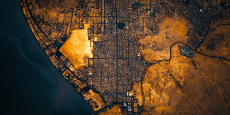 Twilight Metropolitan Sprawl, Aerial City Abstract with Coastal Contrast, Orange and Blue Tonesの素材