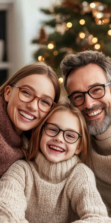 Happy Family, Holiday Smiles Parents and Child Sharing Joy and Good Vision During Festive Seasonの素材