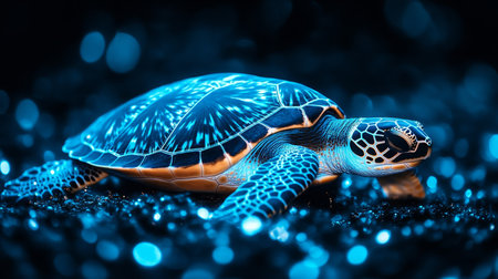 A Blue Holographic Sea Turtle in Digital Space Representing Modern Technology and Innovation.の素材