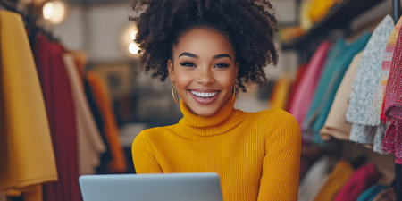 Smiling Young Entrepreneur Running Online Business From Trendy Clothing Boutique Using Laptopの素材