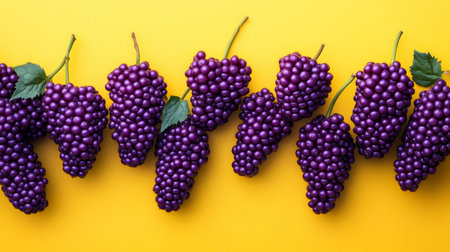Vibrant Dark Purple Elderberry Clusters on Vines, Isolated Against a Bright Yellow Backgroundの素材