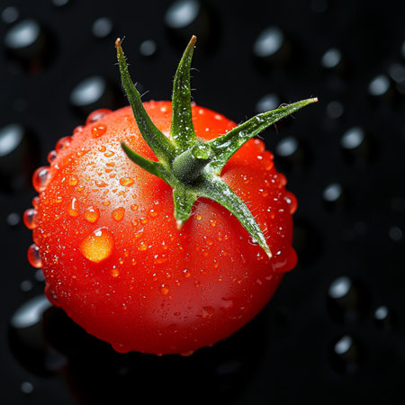 Single, Vibrant Red Tomato on Black, Freshly Washed with Water Droplets, Juicy and Ready to Eatの素材