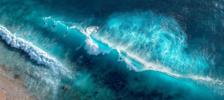 Surfer Riding a Big, Turquoise Ocean Wave, With Fellow Surfers on Tropical Coastlineの素材