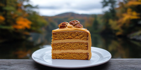 Slice of Sweet Potato Cake with Maple Frosting, Pecans, on White Plate, Autumnal Backgroundの素材