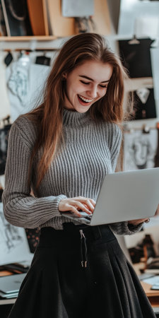 Smiling Young Woman Working on Laptop in Design Studio, Surrounded by Sketches and Colorful Textilesの素材