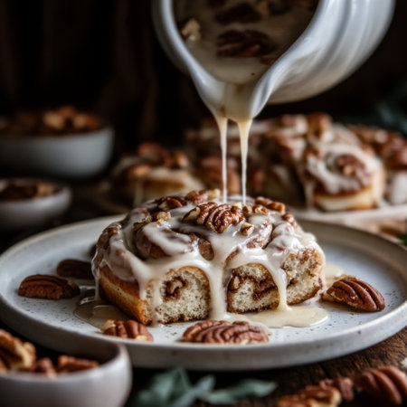 Delicious Cinnamon Roll Cake with Pecan Nuts and Icing Drizzle on a Rustic Wooden Tableの素材