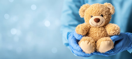 Healthcare Worker In Blue Gloves Holding A Cuddly Teddy Bear On Light Blurred Backgroundの素材