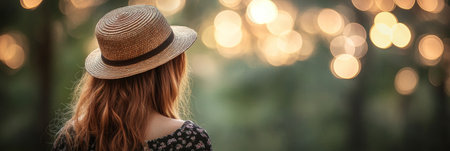 Young Woman in Straw Hat Contemplates Serene Nature Scene with Golden Bokeh, Summertime Relaxationの素材