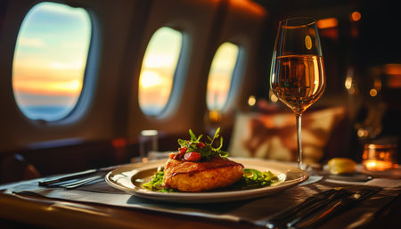 Luxury Airline Meal Gourmet Dining Experience at Sunset, First Class Travel Indulgenceの素材