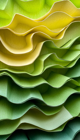 Lime Green And Yellow 3D Illustration Of Layered Paper Waves And Folds On Soft Gradientの素材