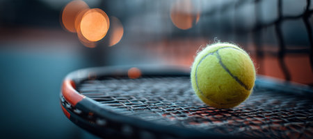 Close Up of a Yellow Tennis Ball Resting on a Racket, with Defocused Lights in the Backgroundの素材