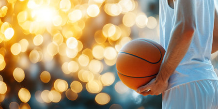 Basketball Player In Shorts And A Tank Top Holds The Ball Against A Defocused Bokeh Backgroundの素材