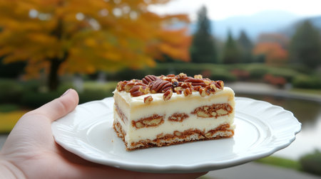Slice of Layer Cake with Nuts and Creamy Frosting, Served on a Plate, Autumn Backgroundの素材