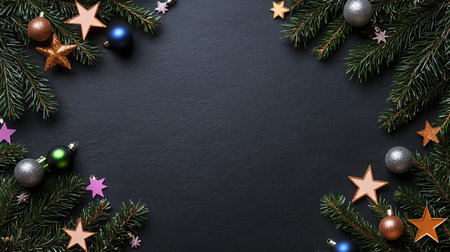 Christmas Banner Festive Frame of Fir Branches, Ornaments, and Stars on Dark Backgroundの素材