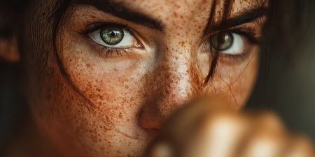 Determined Female Boxer With Intense Gaze And Freckles, Ready For Fight In A Blurred Gymの素材