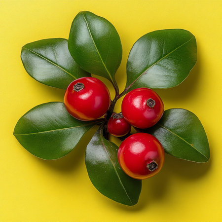 Vibrant Wintergreen Berries on Sprig, Isolated on Yellow Background, Festive Holiday Conceptの素材