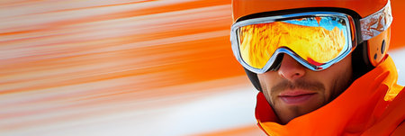 Snowboarder In Motion Close Up With Mirrored Goggles, Orange Helmet, On Blurred Backgroundの素材