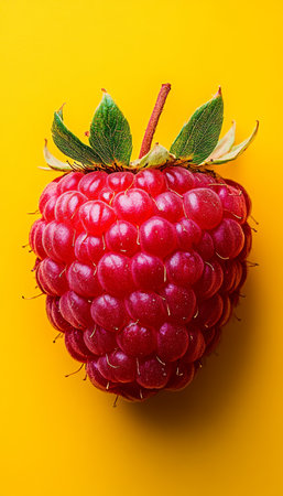 Ripe Red Raspberry, Juicy and Fresh Against Vibrant Yellow Background, Isolated with Stem and Leavesの素材