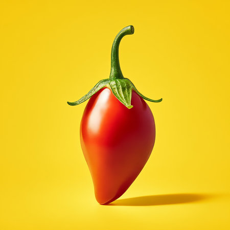 Single Ripe Red Tomato, Vivid Yellow Background, Minimalist Food Photography, Close-upの素材