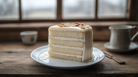 Slice of Honey Cake with Almond Glaze on White Plate, Honey Drip, Rustic Wood Backgroundの素材