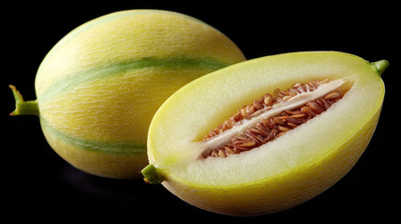 Juicy Freshness Ripe Galia Melon Halved on Black Background Showing Seeds and Smooth Skinの素材