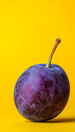 Ripe Purple Plum, Isolated on Yellow, Vibrant Color Contrast, Healthy Eating, Summer Fruitの素材