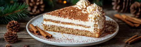 Slice of Festive Gingerbread Layer Cake with Cream Cheese Frosting on White Plate, Holiday Dessertの素材