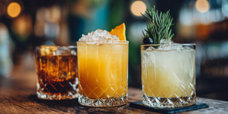 Three Refreshing Cocktails, One Garnished with Orange and Two with Herbs, on Blurred Bar Background.の素材