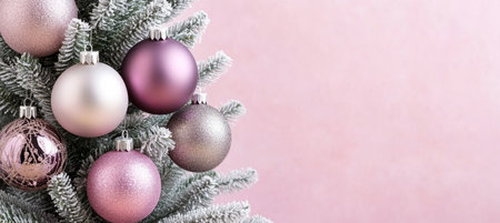 Christmas Decoration. Purple And Silver Balls On A Frosted Christmas Tree On Pink Pastel Background.の素材