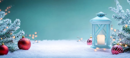 Christmas Still Life Blue Lantern, Red Ornaments, Snow, Pine Branches, Festive Turquoise Backdropの素材