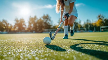 Female Field Hockey Player in Action, Dribbling with Speed and Precision on a Sunny Dayの素材