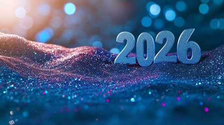 Silver 2026 Numbers on Sparkling Blue Glitter Background, Happy New Year Celebration Conceptの素材