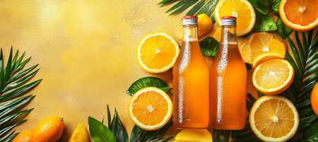 Two refreshing summer citrus drinks bottles. Green leaves, summer beverages on yellow background.の素材
