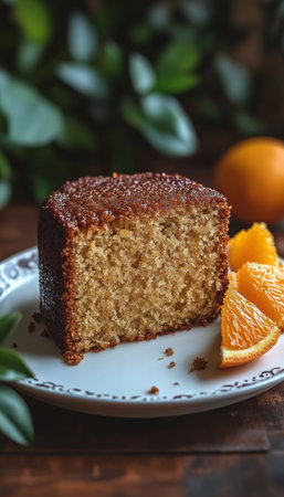 Slice of Homemade Orange Cake with Sweet Glaze on White Plate, Orange Slices, Rustic Backgroundの素材