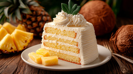 Slice of Coconut Pineapple Cake on White Plate with Pineapple Chunks, Tropical Backgroundの素材